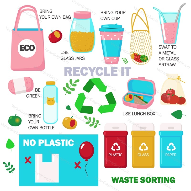 Zero waste tips and eco friendly reusable glass bottle, jar, cloth shopping bag, natural food, soap, vector flat illustration isolated on white background. Life without plastic, waste sorting concept.