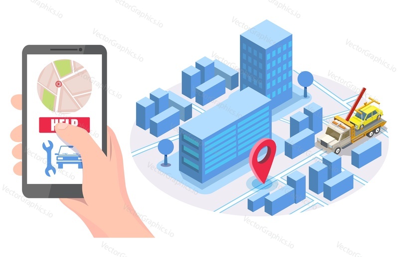 Ruka drží smartphone s mapou, tlačítko nápovědy, izometrické city road, odtahový vozík evakuátor s auto, vektorové ilustrace. Online silniční asistence, koncept mobilní aplikace odtahové služby pro web banner