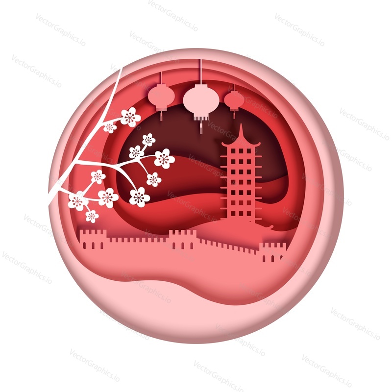 Temple, chinese famous landmark and cherry blossom branch, vector illustration in paper art style. China city skyline for travel poster, postcard, web banner etc.