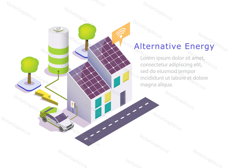 Alternative energy vector web banner template. Isometric green eco friendly house with solar panels, electric car. Renewable solar energy and battery storage system concept.