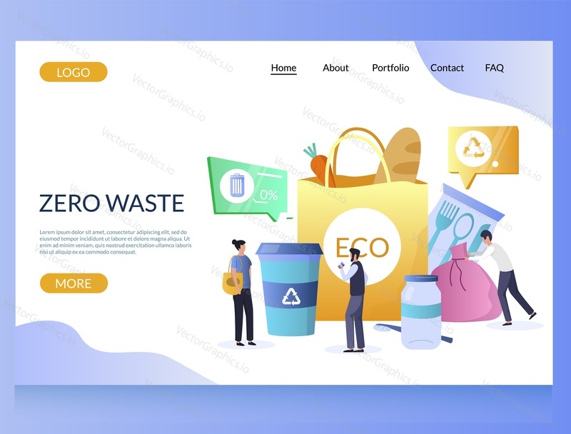 Šablona webových stránek zero waste vector, design webových stránek a vstupních stránek pro vývoj webových stránek a mobilních stránek. Život bez plastového konceptu s ekologicky šetrným opakovaně použitelným sklem, papírovými předměty a postavami.