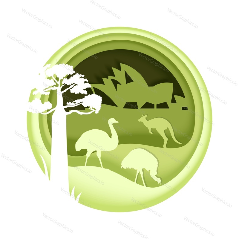 Sydney Opera House world famous landmark, ostrich and kangaroo animals silhouettes, vector illustration in paper art style. Australia for travel poster, postcard, web banner etc.