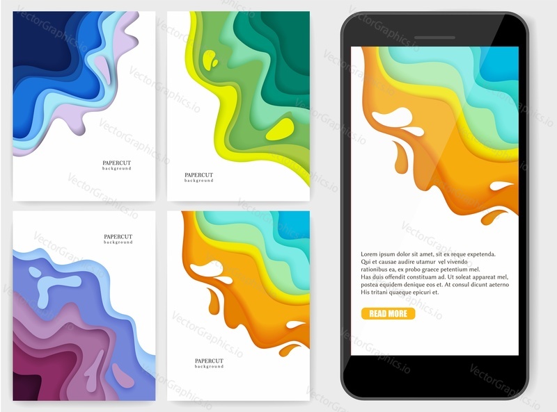 Paper cut mobile phone background. Vector illustration of colorful paint layers in paper art style. Smartphone interface wallpaper design.