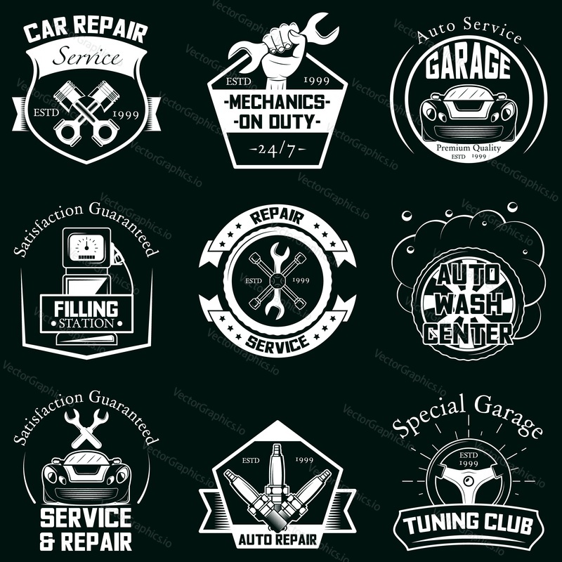 Car service badge label logo set. Vector monochrome illustration in retro style. Car service and repair, auto wash center, filling station, special garage, tuning club typography.
