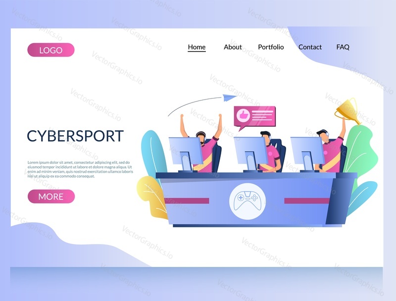Cybersport vektorové webové stránky šablony, webové stránky a vstupní stránky design pro vývoj webových stránek a mobilních stránek. Profesionální hráči hrající online videohru před obrazovkami monitoru počítače.