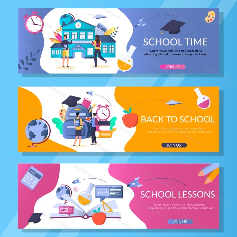 Školní web banner šablony set, vektorové ilustrace. Zpět do školy, vzdělávací koncept se žáky, batoh, papírnictví, kniha, promoční čepice a další školní předměty.
