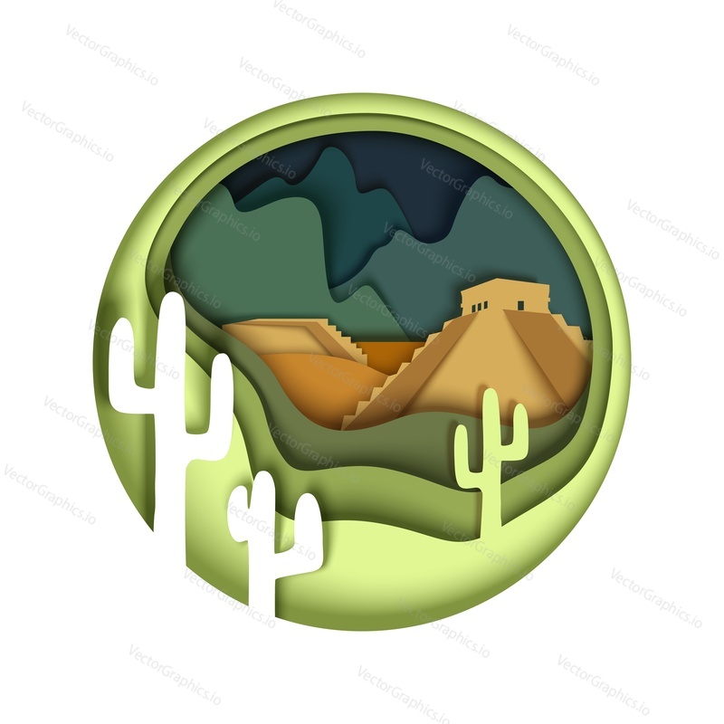 Chichen Itza, Mexico most famous Mayan pyramid and cactuses, vector illustration in paper art style. Mexico city for travel poster, postcard, web banner etc.