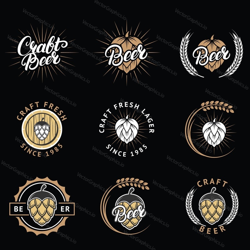 Craft beer emblem, logo, odznak a štítek vektorové sady. Řemeslný pivovar vintage typografie s chmelem, pšeničné uši, dřevěný sud a nápisy.