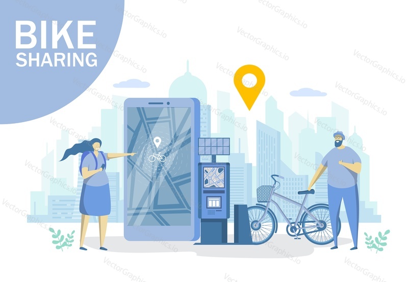 Bike sharing, vector flat style design illustration. Man and woman renting bicycles, finding docking station using mobile app. Rental bicycle service concept for web banner, website page, etc.