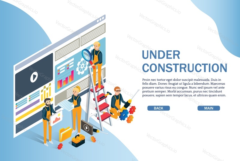 Under construction website page, web banner template. Vector isometric illustration with characters team professionals fixing web site page. Website repair services concept.