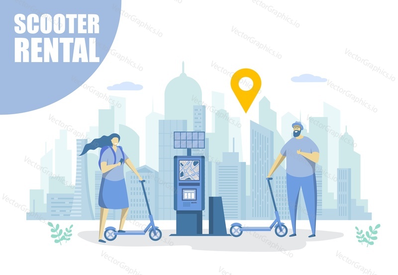 Scooter rental, vector flat style design illustration. Man and woman renting electric scooter, eco city transportation. E-scooter sharing service concept for web banner, website page, etc.