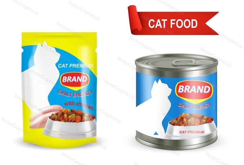 Cat food package mockup set, vector realistic illustration isolated on white background. Stand up foil pouch bag and metal can for wet canned pet food packaging.