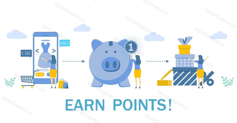 Earn points, vector flat illustration. Woman buying dress via smartphone, piggy bank, gift boxes. Customer reward loyalty program, earn bonuses concept for web banner, website page, etc.