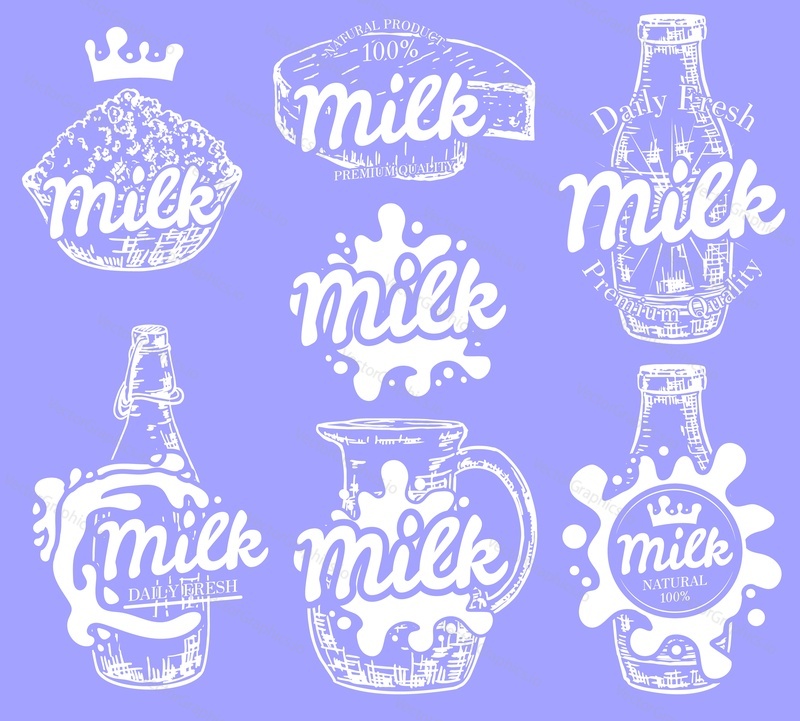 Mléko znak, logo, odznak a sada štítků, vektorové ručně kreslené ilustrace v retro stylu. Mléčné výrobky, mléko splash, vintage ruční nápisy typografie.