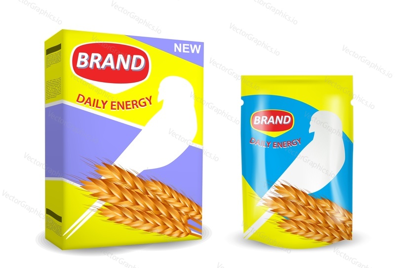 Bird food package mockup set, vector illustration isolated on white background. Stand up foil pouch bag and carton box for parrot food packaging.