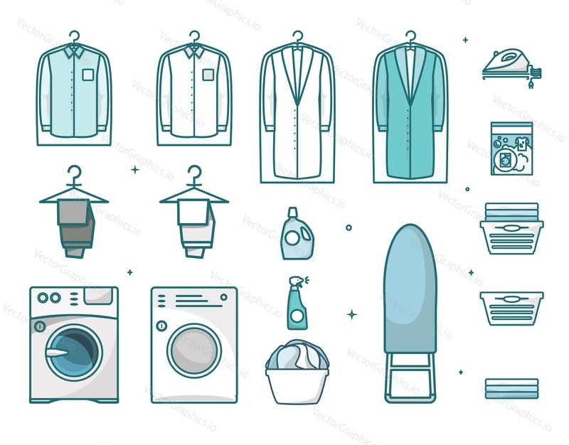 Laundry icon set, vector illustration isolated on white background. Washing and ironing service. Thin line art style design.