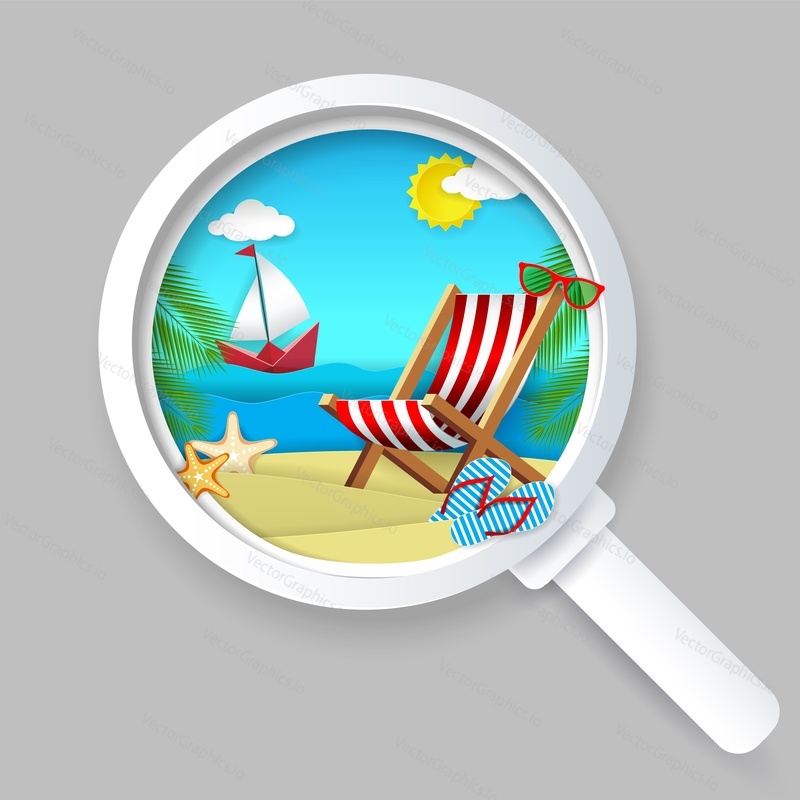 Zvětšovací sklo s ocean beach, lehátko žabky sluneční brýle, palmové listy, loď plovoucí na vodě uvnitř, vektorové papírové umělecké ilustrace. Hledat nejlepší tour koncept pro web banner atd.