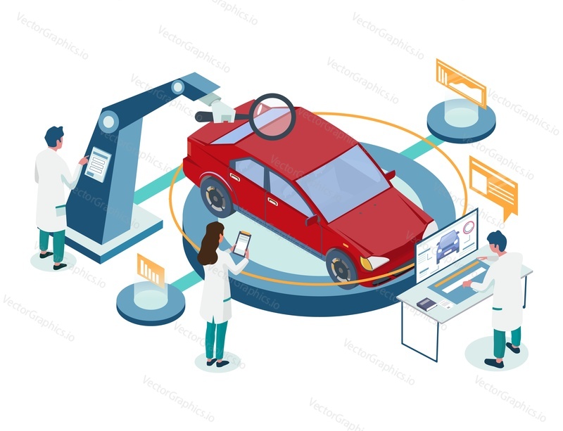 Car repair auto diagnostic service vector illustration. Metaphorical isometric composition with male and female characters in white gowns testing red car like doctors making diagnosis.