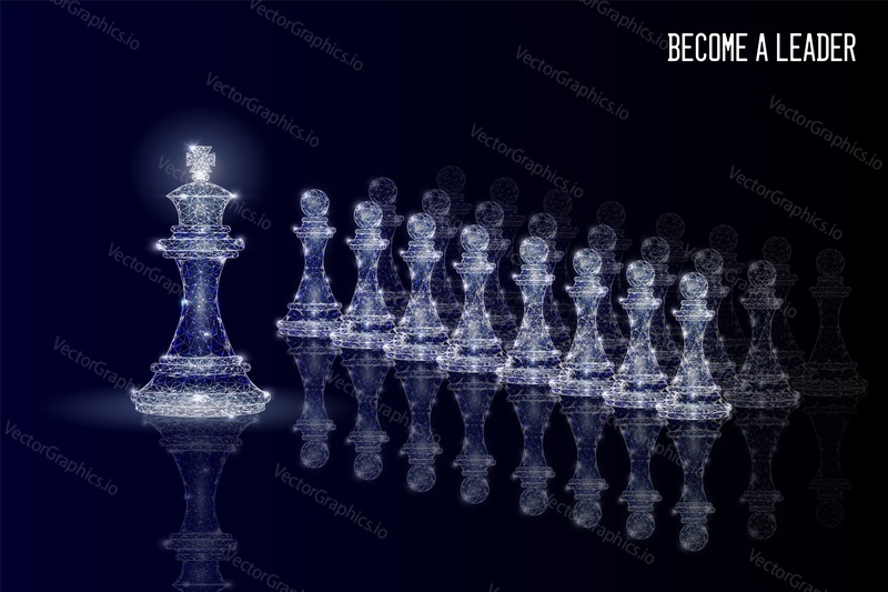 Шахматная фигура короля, стоящая перед линией шахматных пешек, векторная низкополигональная каркасная сетка. Концепция лидерства и стратегии для плаката, баннера и т.д., иллюстрации в стиле полигонального искусства.