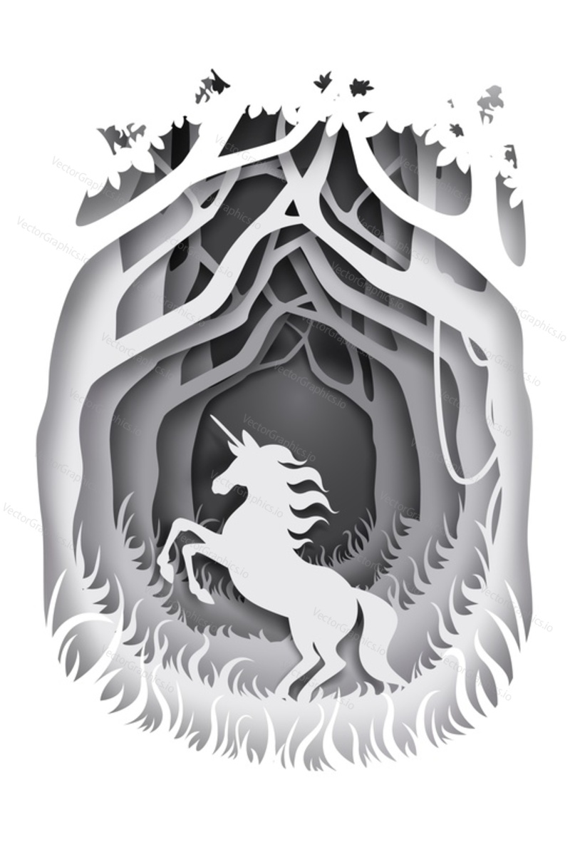 Jednorožec, magická a mýtická pohádková postava silueta, vektorové ilustrace. Pohádková kompozice v papírovém uměleckém řemeslném stylu.
