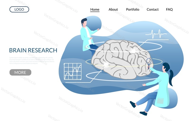 Brain research vector website template, web page and landing page design for website and mobile site development. MRI, head tomography, neurology laboratory.