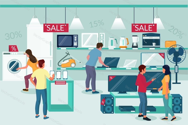 Prodej obchodu s elektronikou propagace, vektorové ploché ilustrace. Nejlepší nabídky a slevy na spotřební elektronické výrobky a lidé nakupující složení pro plakát, banner, leták atd.