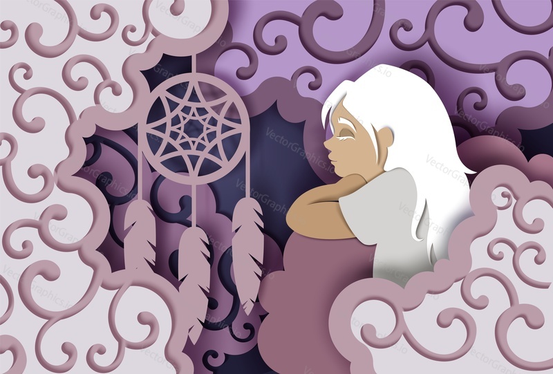 Vector layered paper cut style sleeping beautiful girl and dream catcher with feathers. Sweet dreams concept for card, banner, flyer, poster etc.
