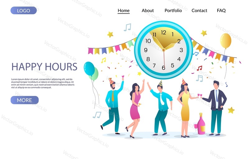 Векторный шаблон веб-сайта Happy hours, дизайн веб-страницы и целевой страницы для разработки веб-сайтов и мобильных сайтов. Празднование корпоративной вечеринки.
