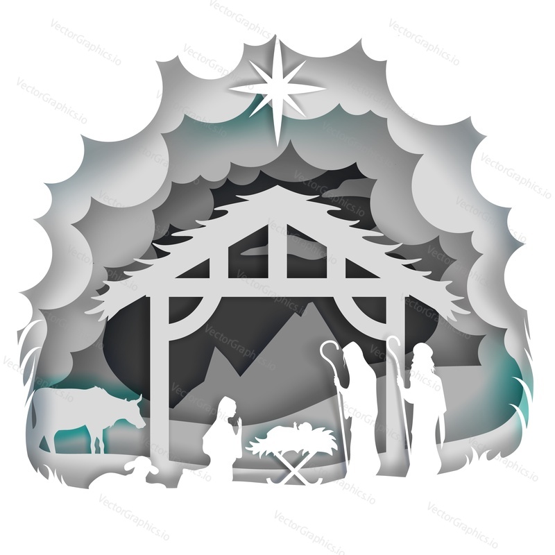 Baby Jesus in manger, born in Bethlehem, vector illustration in paper art modern craft style. Merry Christmas greeting card , poster design template.