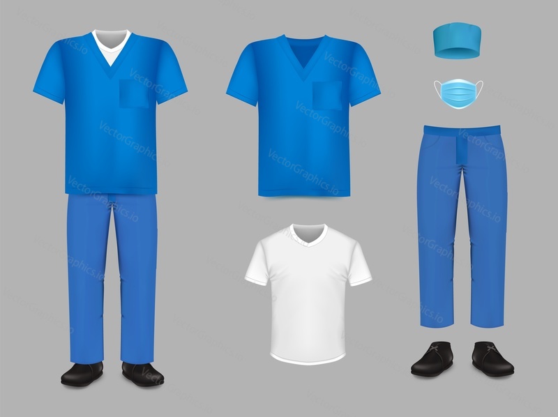 Medical uniform set, vector isolated illustration. Nursing, surgical scrub, hat, mask, underscrub tee, shoes, Hospital medical staff sanitary clothing.