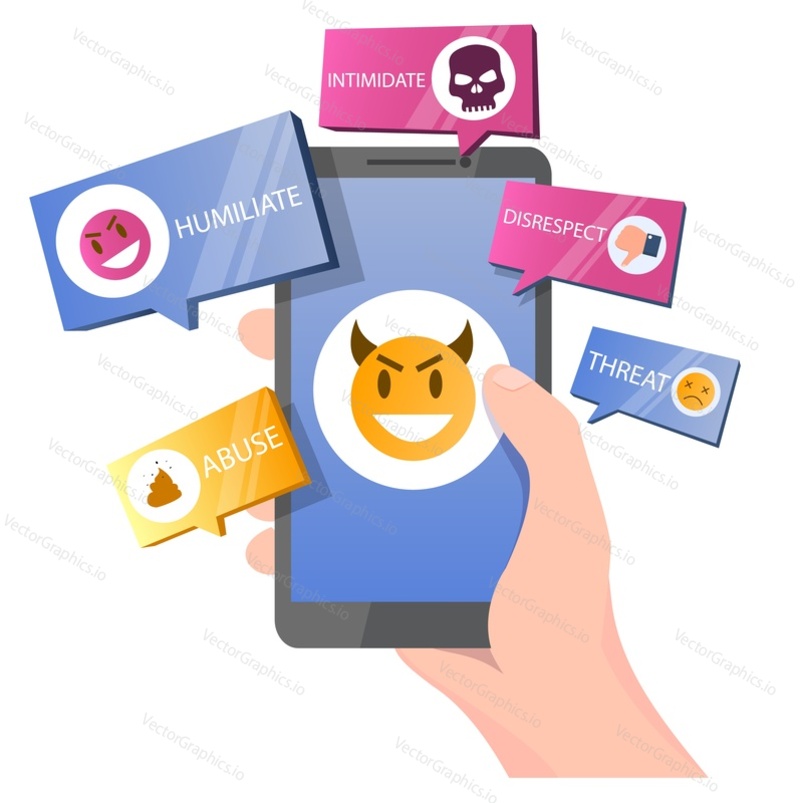 Рука, держащая смартфон с антипатиями, плохими комментариями, оскорбительными сообщениями, векторная иллюстрация. Интернет-троллинг, издевательства в социальных сетях, киберзапугивание, концепция цифрового преследования для страницы веб-сайта и т.д