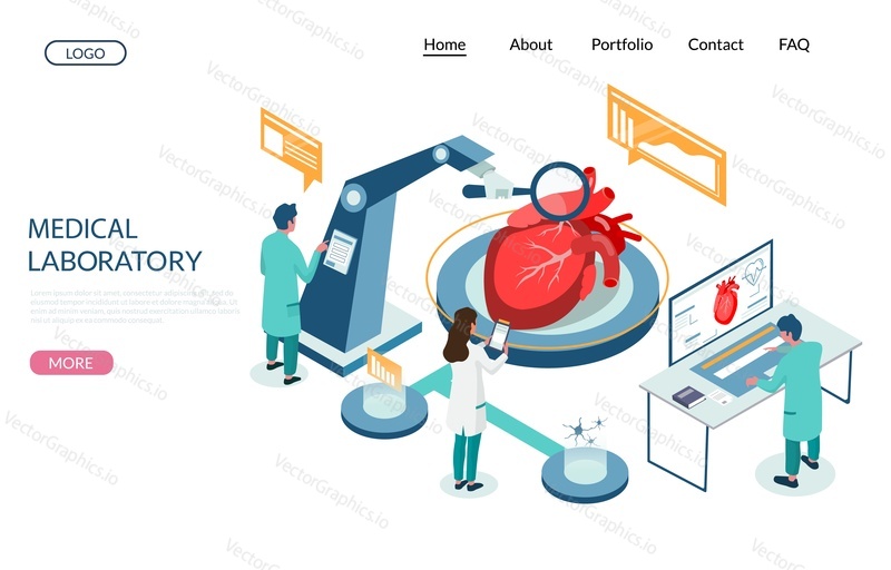 Vektorová webová šablona lékařské laboratoře, design webové stránky a vstupní stránky pro vývoj webových stránek a mobilních stránek. Srdeční testy, koncept srdeční zdravotní prohlídky.