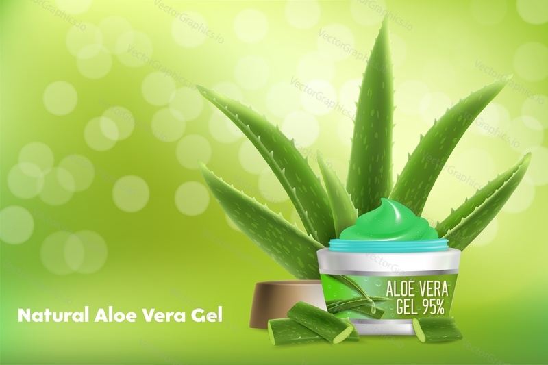 Přírodní aloe vera gel vektorové reklamní plakát šablony. Aloe vera zklidňující gel péče o pleť a krása kosmetický výrobek značky reklama.