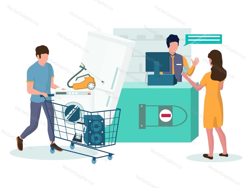 Pokladna obchodu s elektronikou s prodavačem a lidmi platícími za nákupy, vektorové ploché ilustrace. Šťastný pár nákup domácích spotřebičů, jako je lednice, pračka, reproduktor, vysavač.