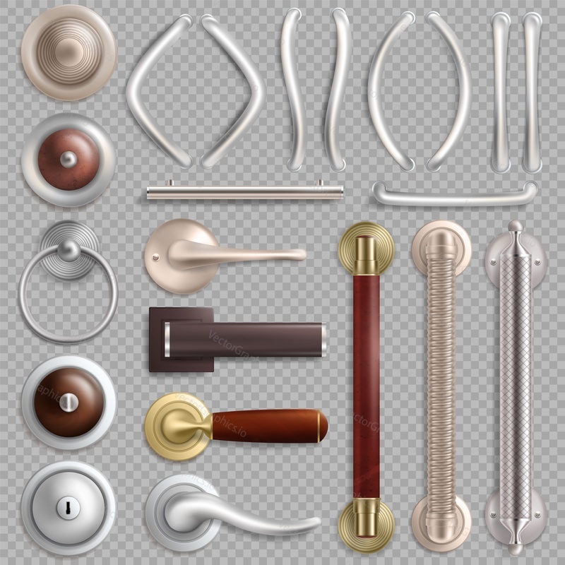Realistic metal door handles, knobs and locks, vector illustration isolated on transparent background.