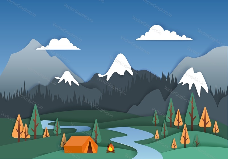 Šablona plakátu pro letní kempování, vektorové ilustrace ve stylu papírového umění. Horský kemp, turistika, trekking koncept s lesem, horami, řekou, táborákem a stanem.