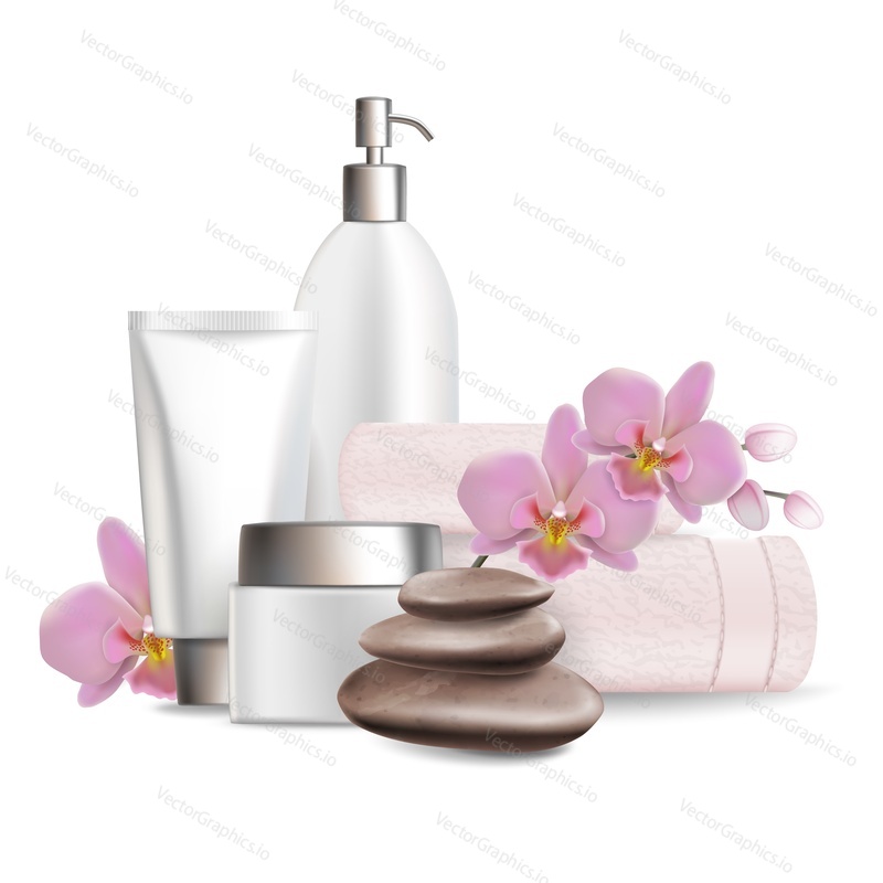 Vector realistic illustration of cosmetics and skincare products, massage stones, orchid flowers and towels. Spa and beauty salon composition for poster, banner, flyer, business card etc.