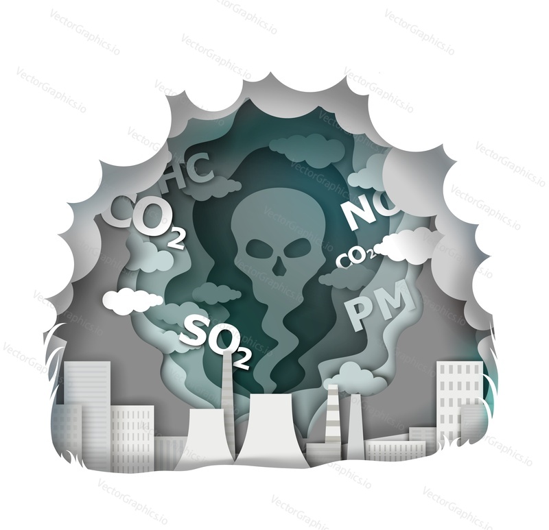 Vector layered paper cut style industrial plant CO2 emissions over the city. Air pollution, ecological problems composition for poster, banner etc.