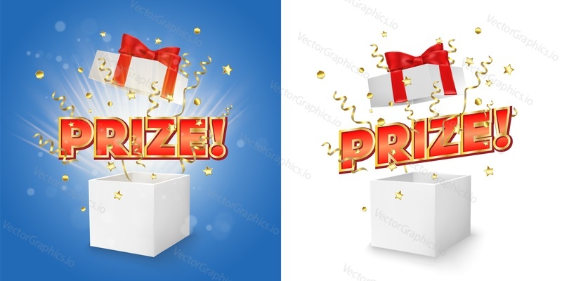 White open gift box with Prize word, gold serpentine and confetti explosion, vector isolated illustration. Win money, prizes and free stuff concept for promo banner, poster etc.
