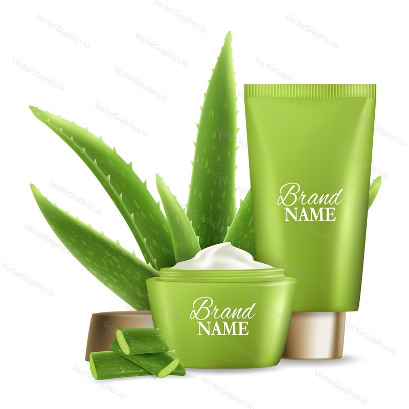 Realistické aloe vera sukulentní rostliny a aloe vera krém, vektorové ilustrace. Složení přírodních a organických kosmetických a pleťových produktů pro plakát, banner atd.
