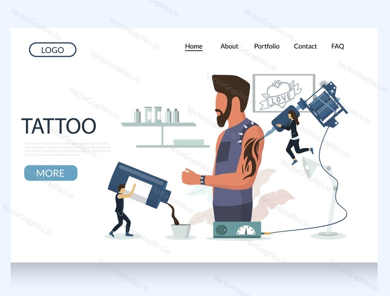 Tattoo vector website template, web page and landing page design for website and mobile site development. Man getting forearm tattoo in parlour. Tattooing body art concept.