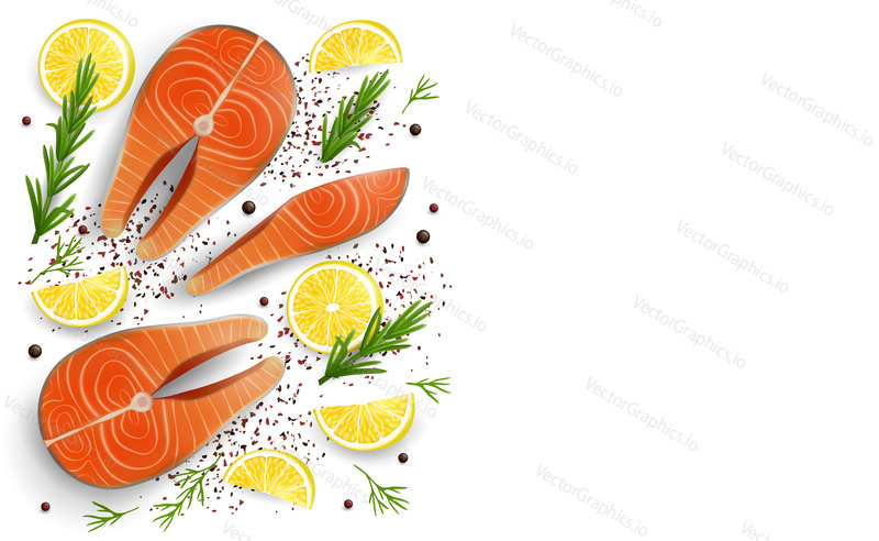 Salmon red fish raw steaks, fillet with lemon slices and spicy herb, vector realistic illustration. Fresh organic seafood composition for restaurant, sushi bar menu, poster, banner with copy space.