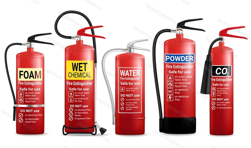 Realistic red fire extinguisher with nozzle set, vector illustration isolated on white background. Portable fire extinguishing equipment.