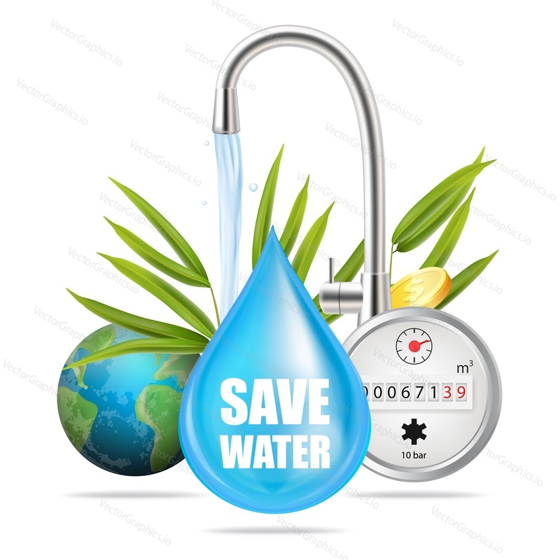 Save water, natural precious resource concept vector illustration. Water drop, planet Earth globe, water flowing from kitchen faucet and meter.