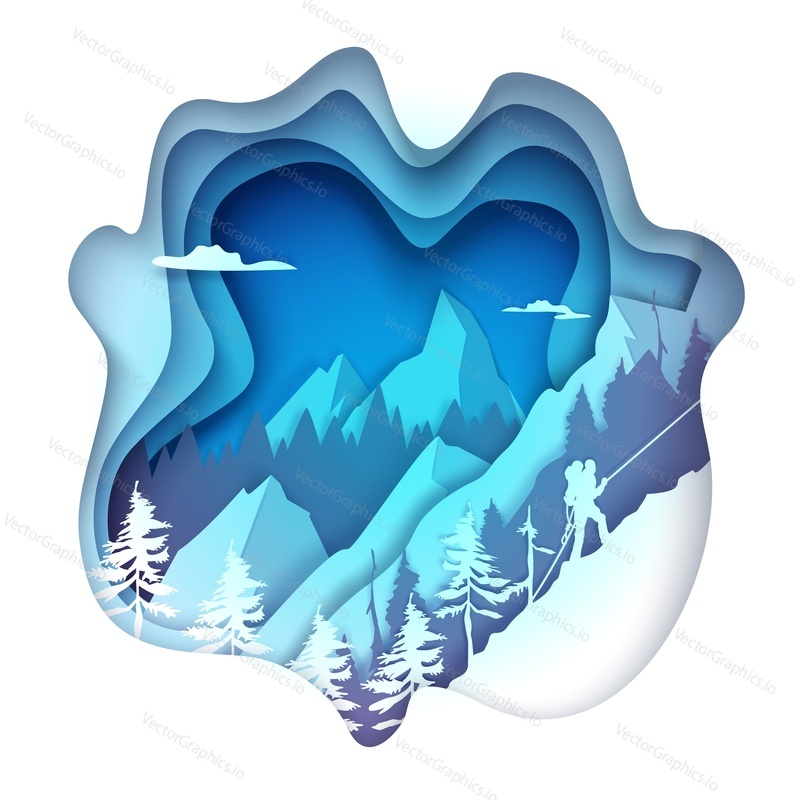 Vector layered paper cut style winter mountains landscape with alpinist climber male silhouette climbing rock with rope. Extreme winter sports. Mountaineering, winter tourism, ice climbing.