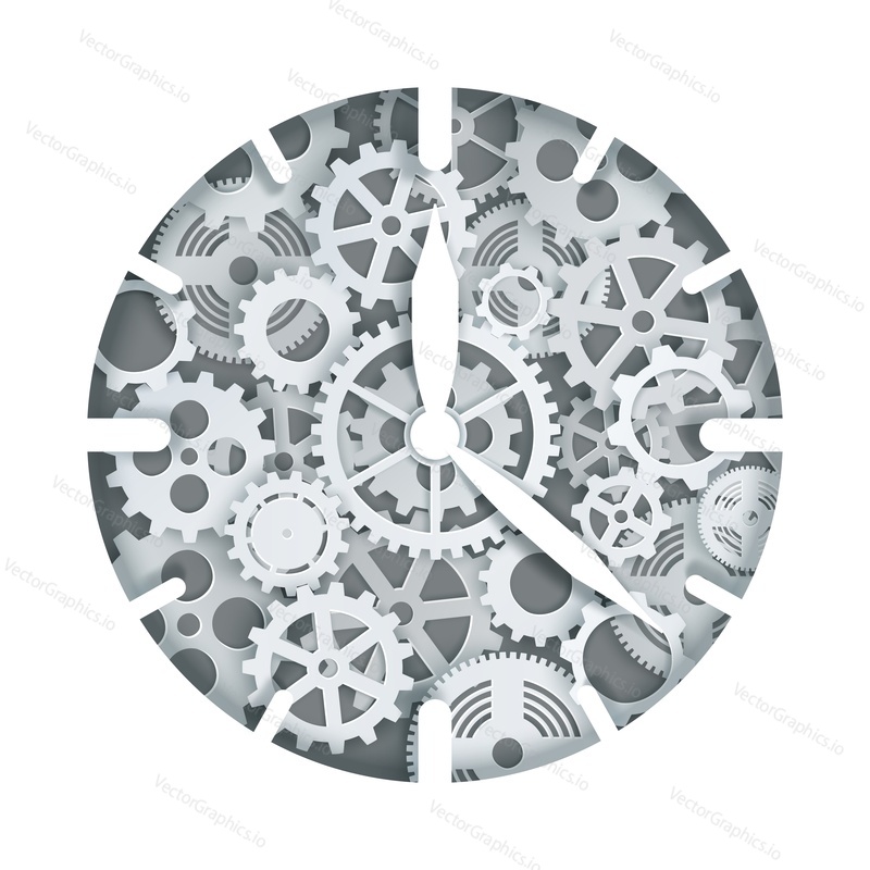 Mechanical clock or watch with cogwheel gear mechanism, vector illustration in paper art modern craft style. Steampunk style clock.