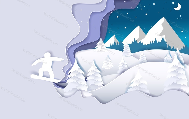Snowboarding plakát banner šablona. Vrstvený papír řez styl Horská krajina, zasněžené svahy, snowboardista silueta a kopírování prostor. Extrémní zimní sporty.