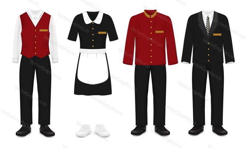 Hotel staff uniform set, vector illustration isolated on white background. Doorman bellman concierge professional working clothes, maid or housekeeper garment.