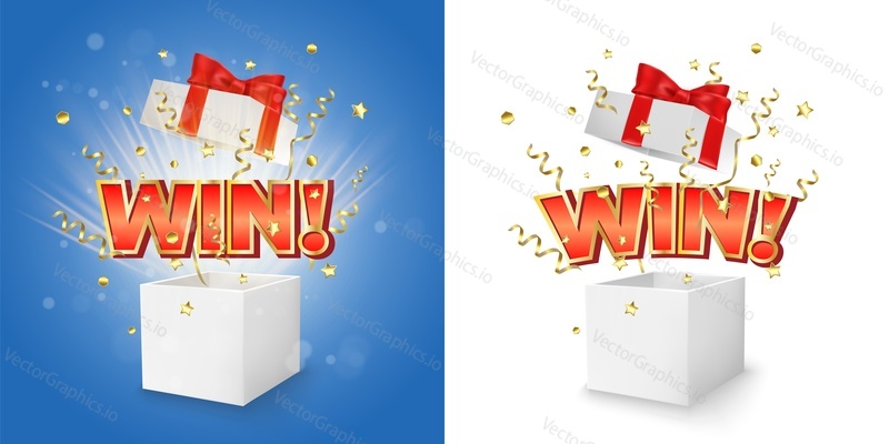 White open box with Win word, golden serpentine and confetti explosion, vector isolated illustration. Winner gift box for banner, poster etc.