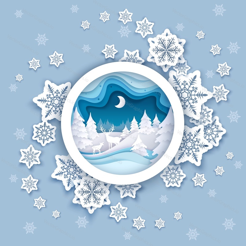 Merry Christmas Happy New Year greeting card template, vector illustration in paper art modern craft style. Decorative frame with paper cut snowflakes, winter forest landscape and reindeer family.
